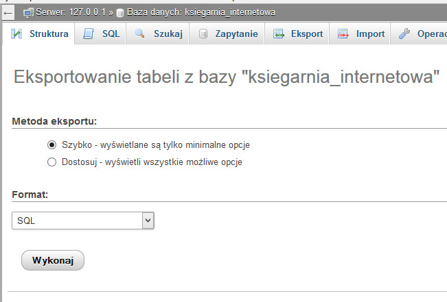 Eksport tabel bazy ksiegarnia_internetowa - krok 2